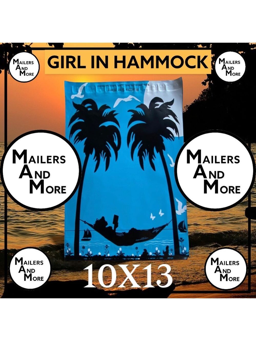 25 10X13 Poly Mailers Girl Hammock Palm Trees, Shipping Envelopes PRICE IS FIRM - Picture 9 of 11